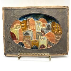 Village round on blue by Ruth Faktor bas-relief tile Signed glazed Jerusalem ART